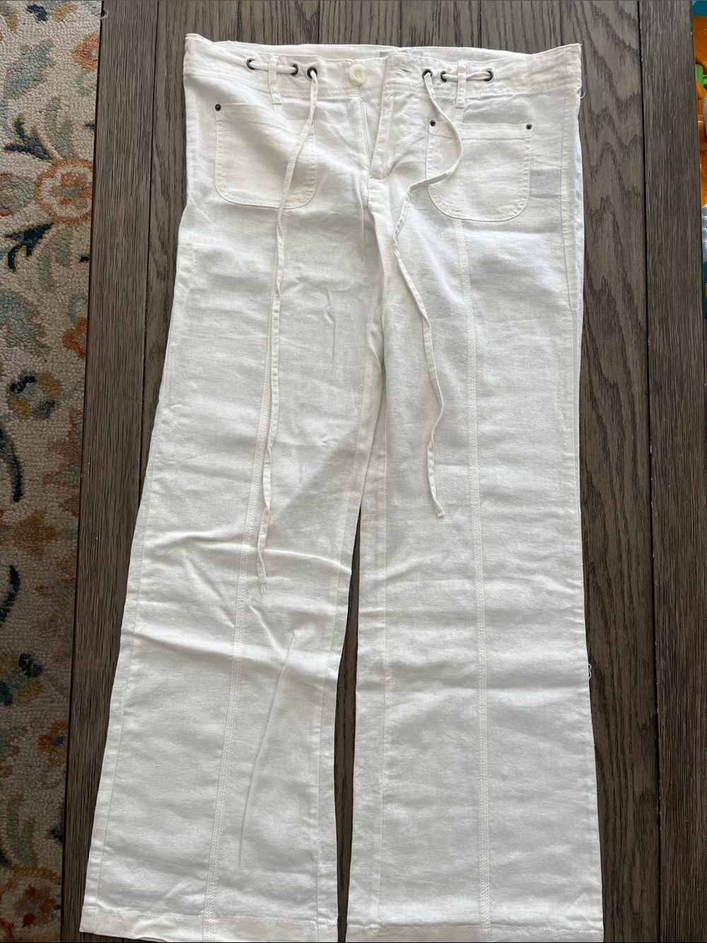Ciso White Wide-Leg Drawstring Linen-Blend Pants